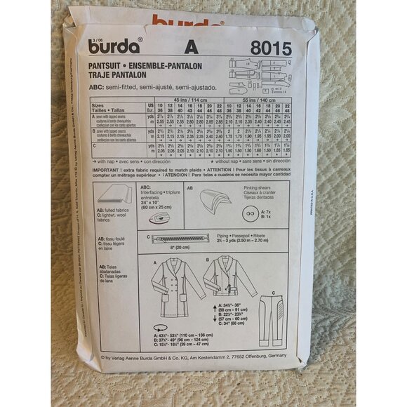 Burda Misses Jacket Pants Sewing Pattern sz 10-22 8015 - uncut - Picture 4 of 10
